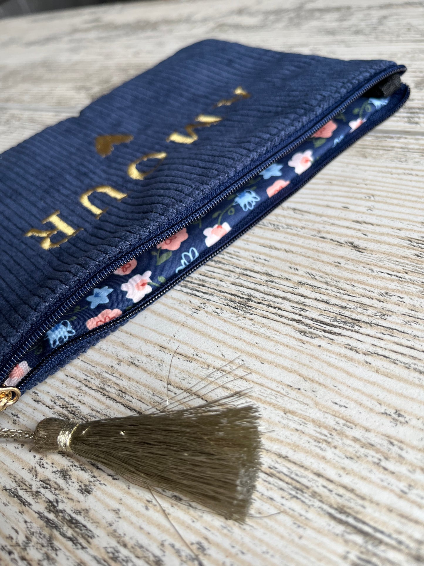 Pochette amour en polyester, bleu marine, intérieur fleuri