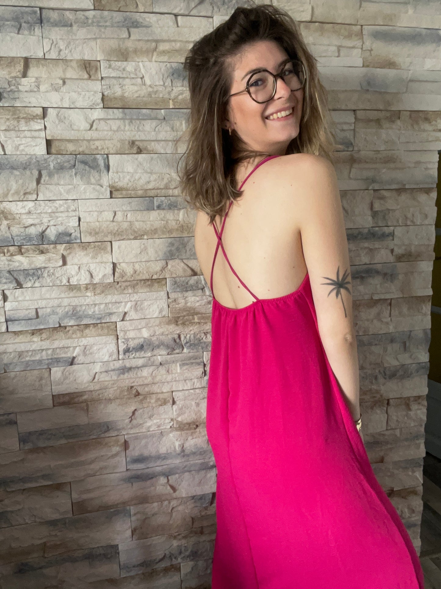 Robe longue fuchsia Ines avec élastique dans le dos, taille unique