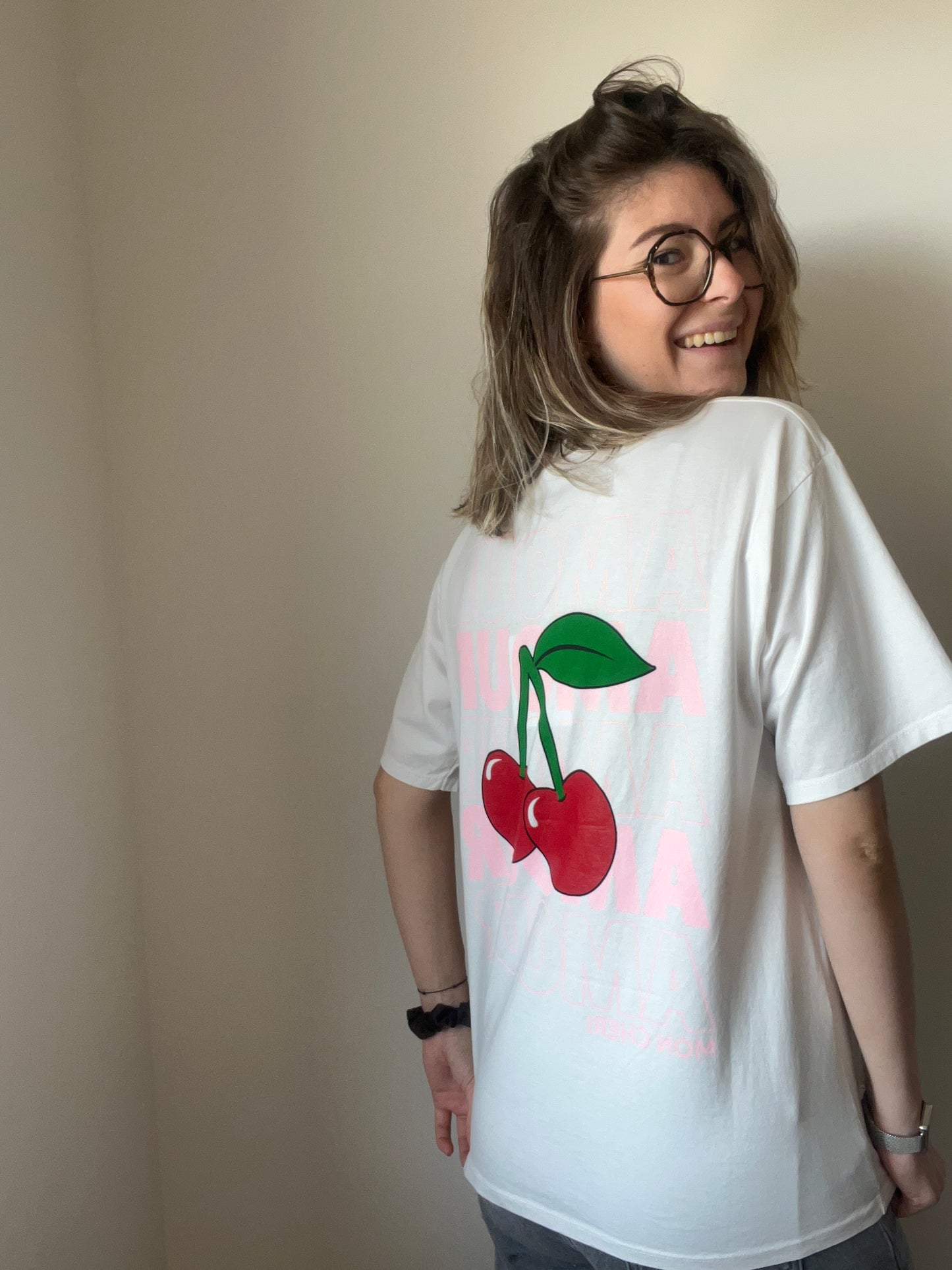 imprimé de dos cerise avec écriture