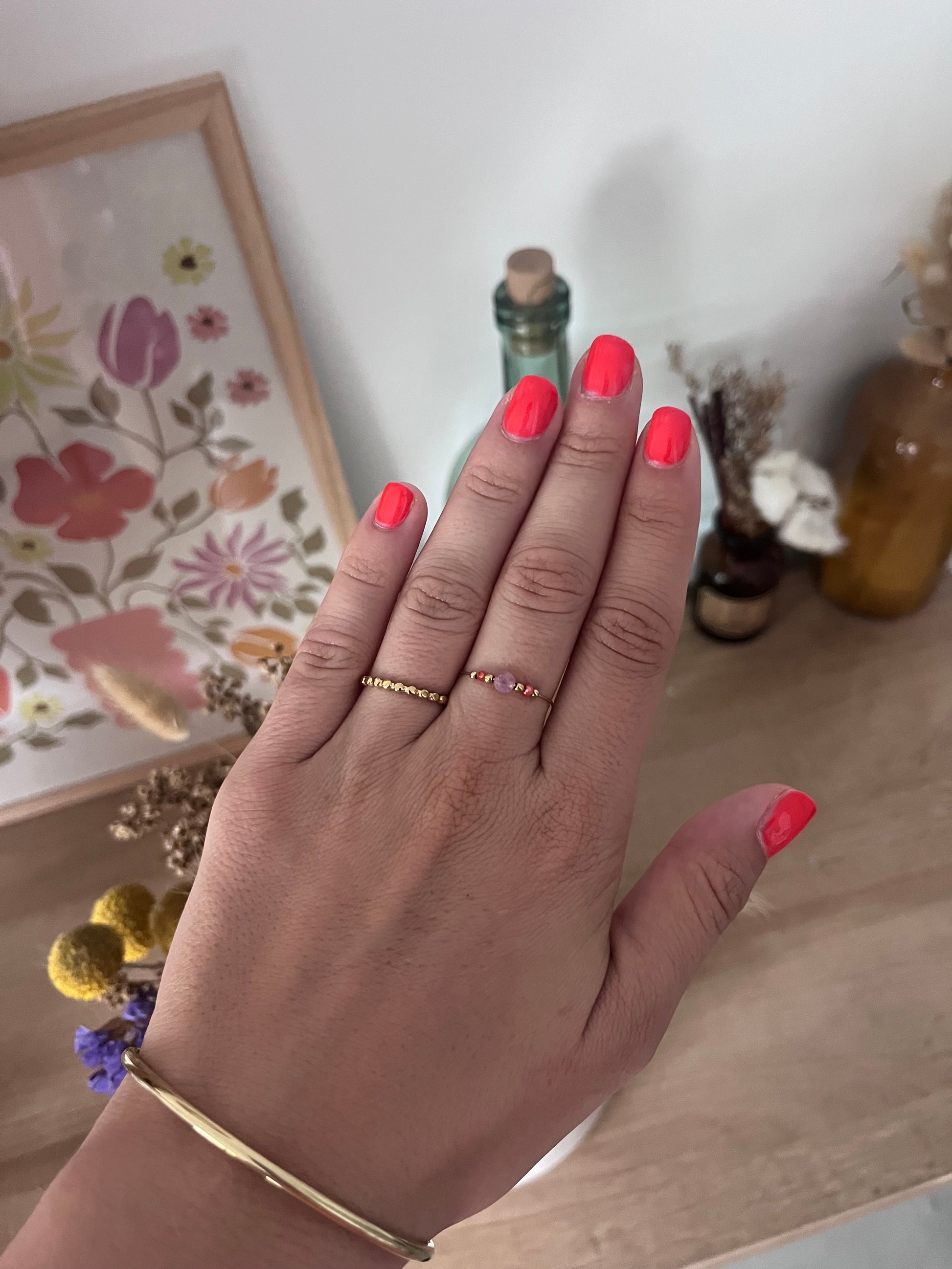 Bague femme couleur or en acier inoxydable avec pierre précieuse rose 