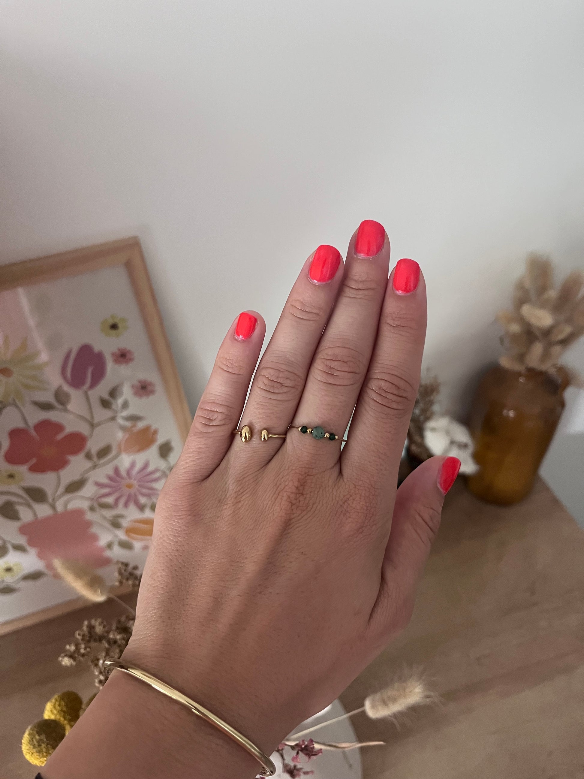 Bague pour femme en acier inoxydable réglable de couleur or avec pierre précieuse vert 