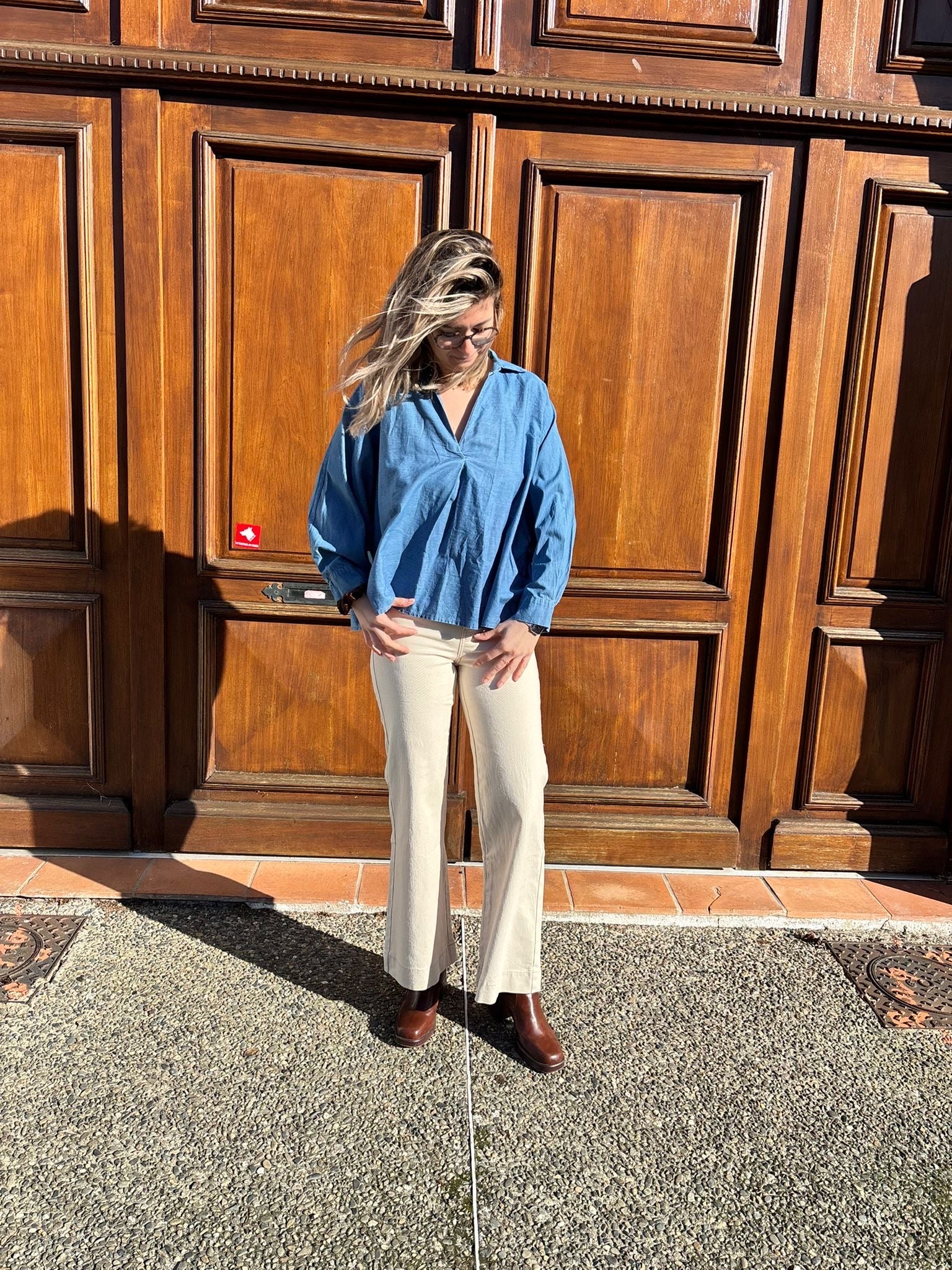 Blouse pour femme effet jean col en V manches bouffantes hyper tendance 