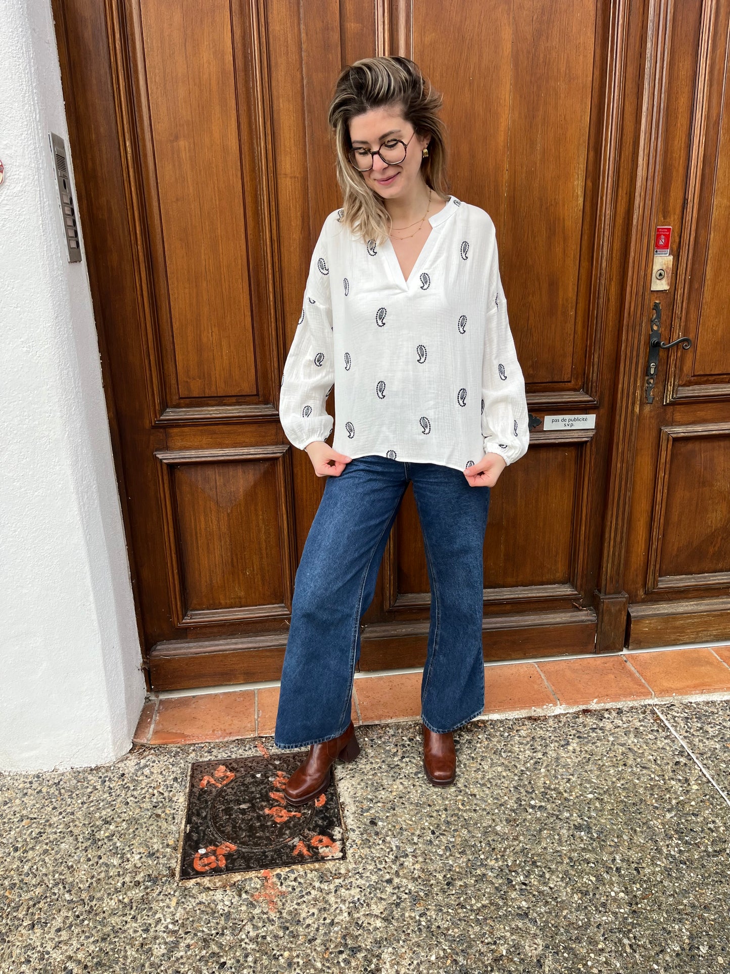 Chemise blanche à motifs pour femmes, 100 % coton