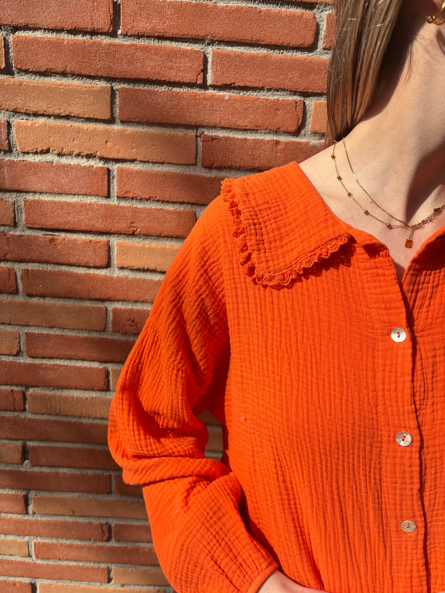 Chemise orange pour femme en coton gaufré respirant
