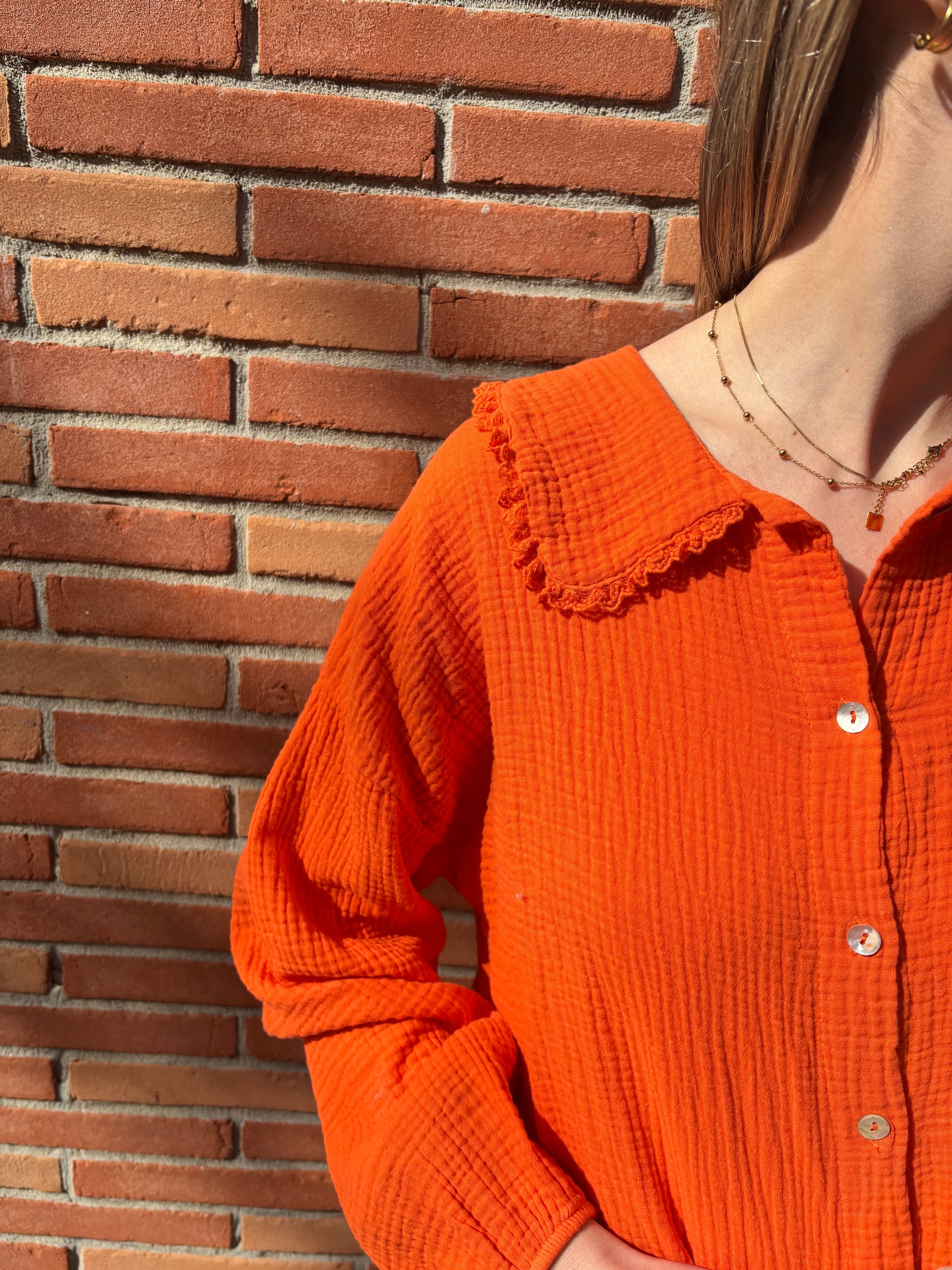 Chemise orange pour femme en coton gaufré respirant