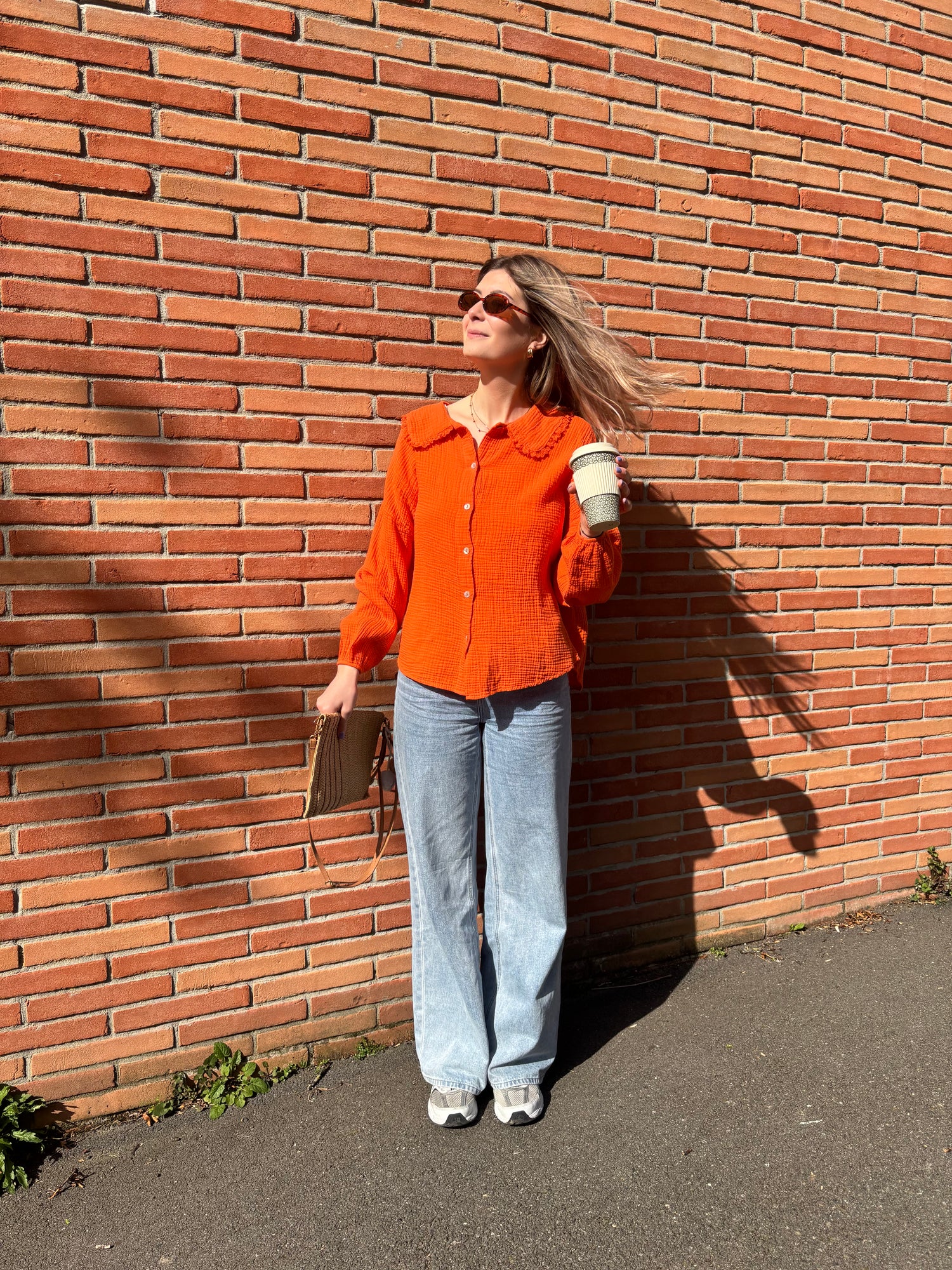 Chemiser en gaze de coton de couleur orange pour femme hyper tendance pour un look cosy 