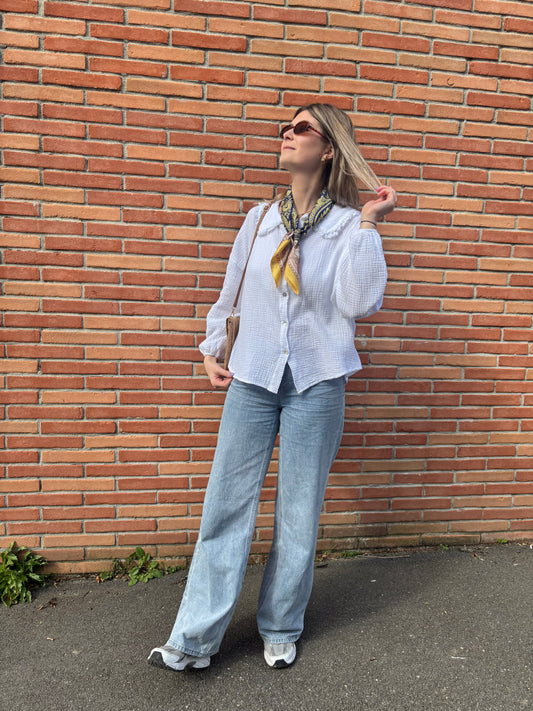 Foulard en soie bleu et jaune pour femme, motif tendance élégant et léger