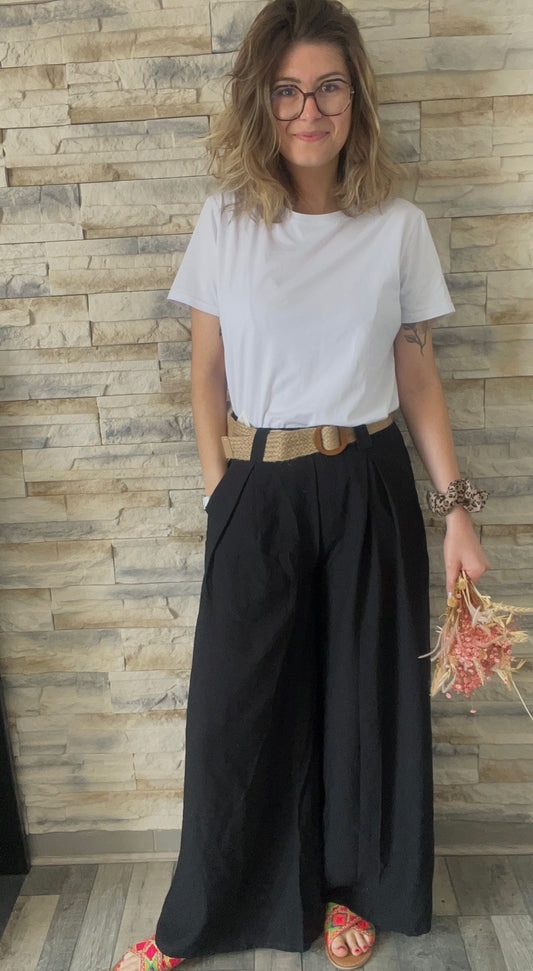 Pantalon long noir, fluide avec ceinture en paille pour cintrée