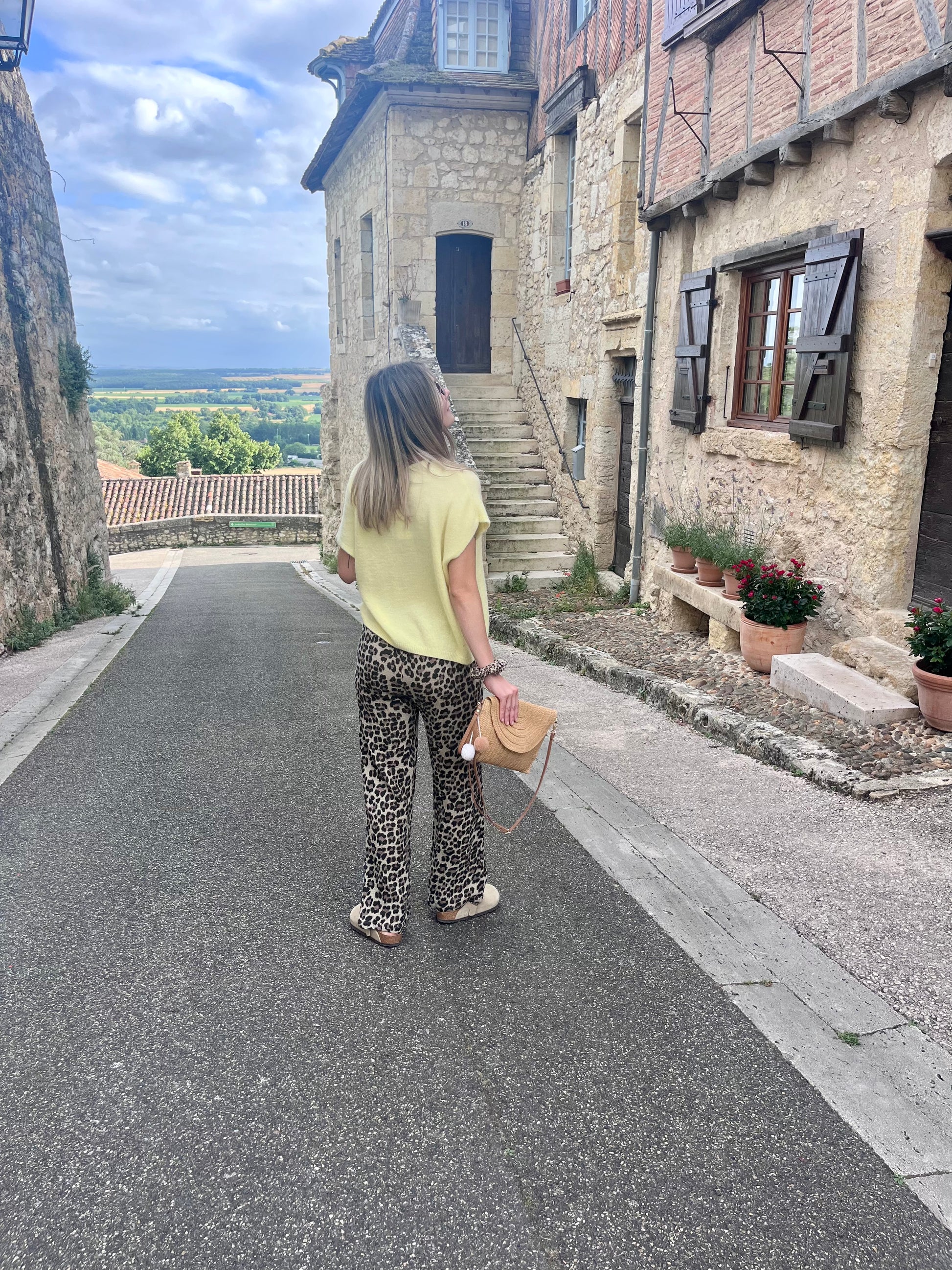 pantalon droit pour femme a motifs léopard marron taille élastique 