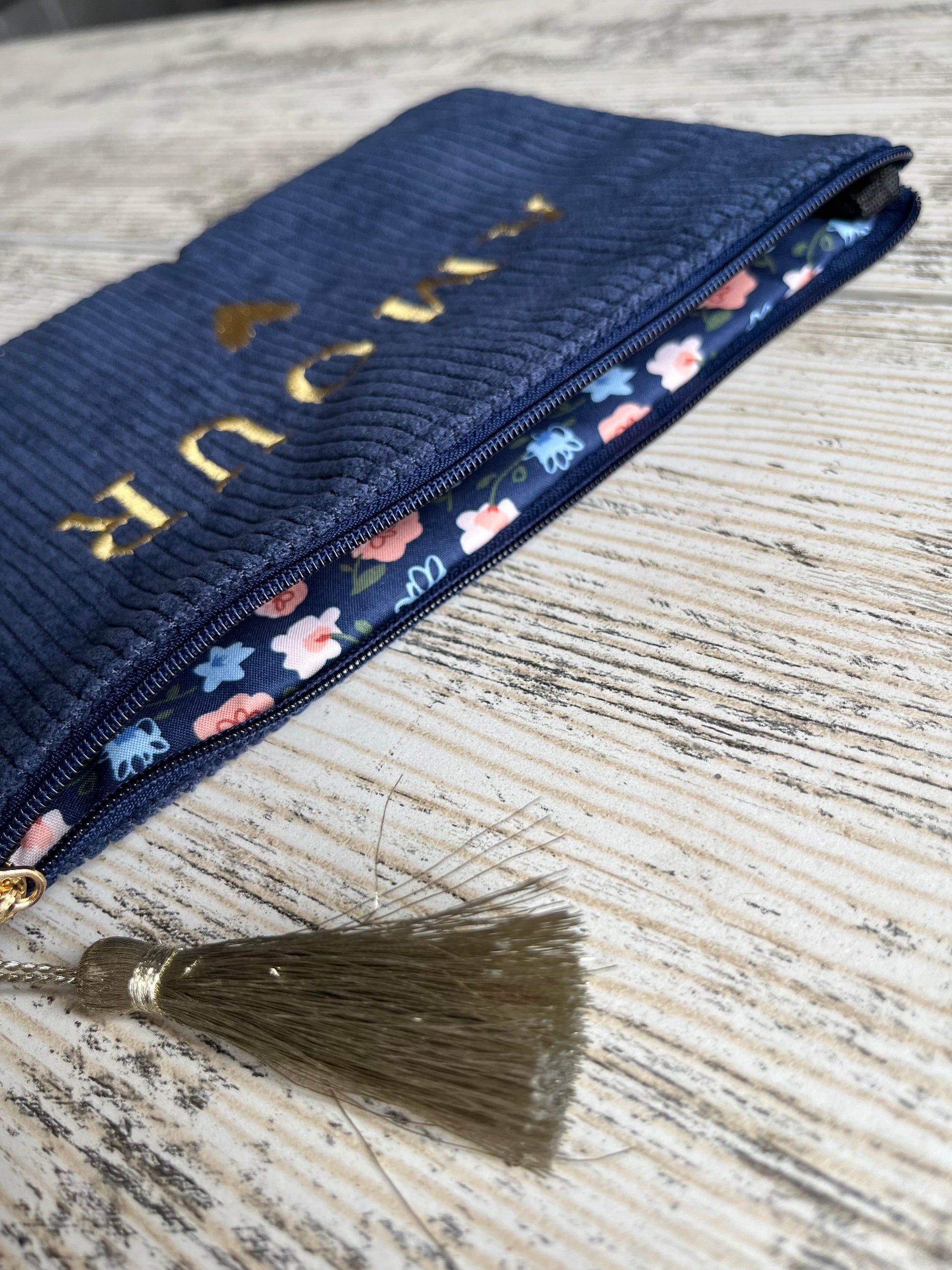 Pochette amour en polyester, bleu marine, intérieur fleuri