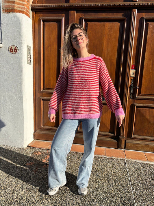 Pull pour femme à rayures de couleur rouge et rose hyper tendance 
