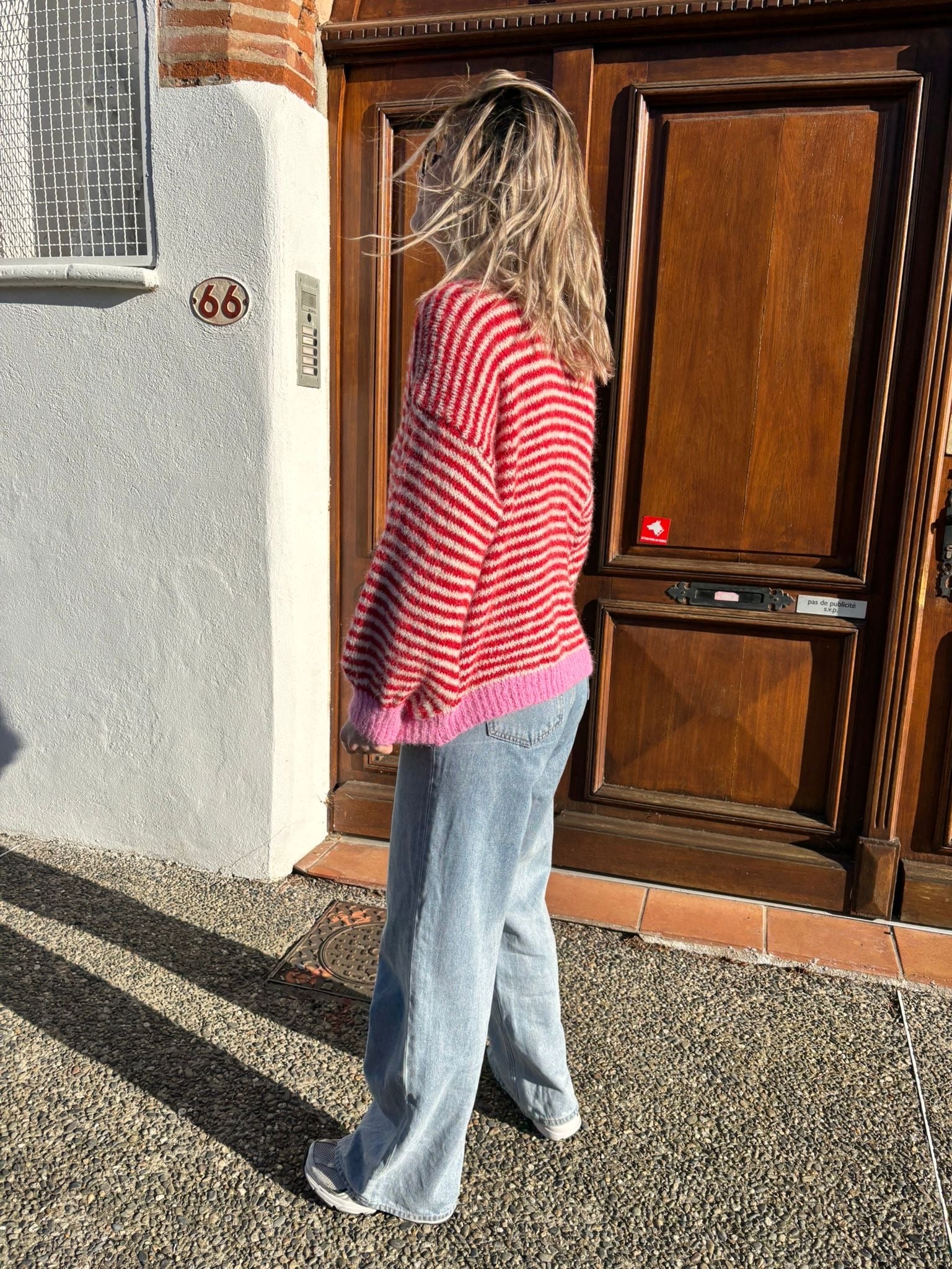 Pull en laine pour femme à rayures, rouge, rose et blanc pour femme adolescente, très tendance