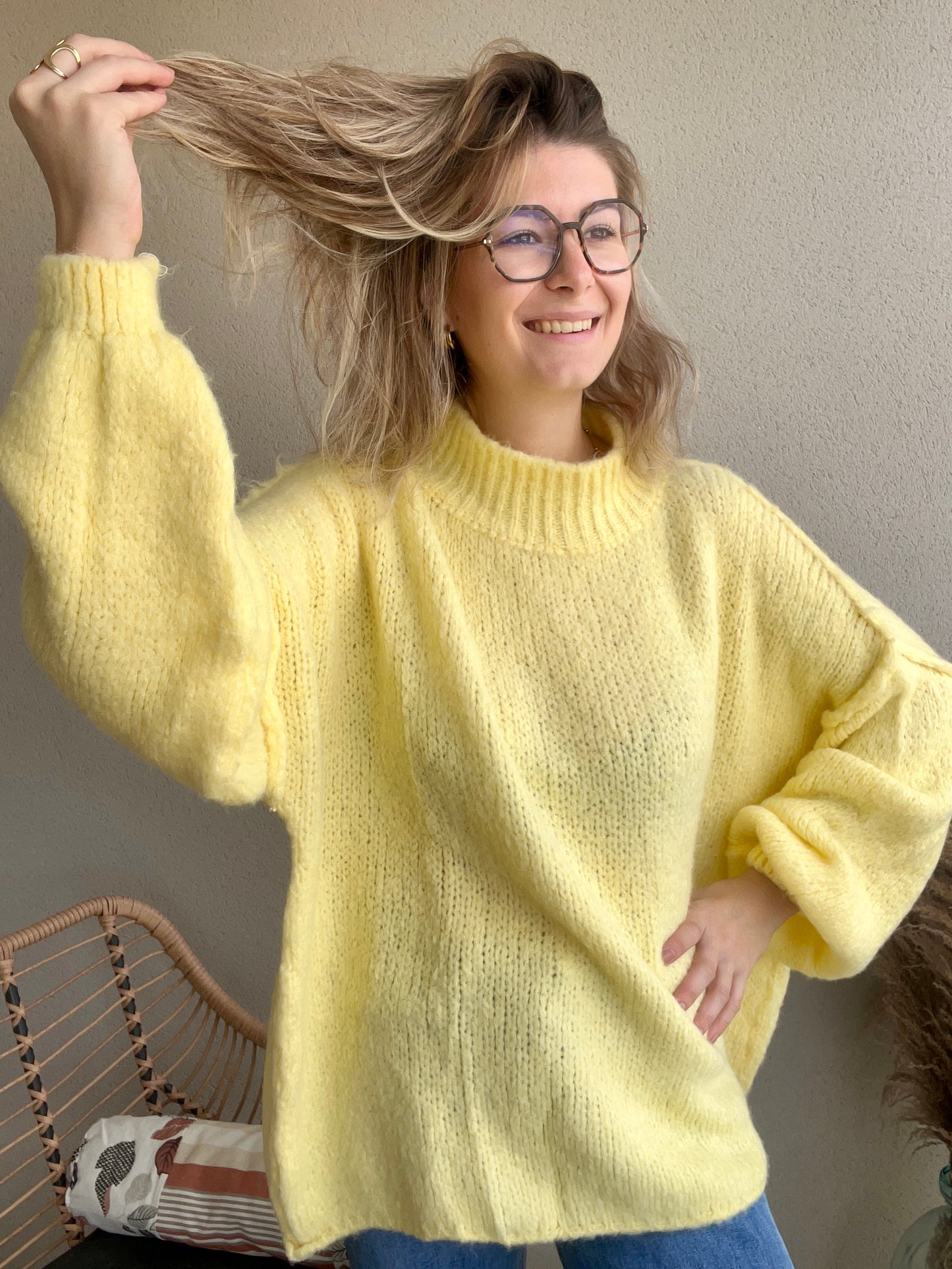 Pull en maille de couleur jaune pour femme, taille unique du 34 42