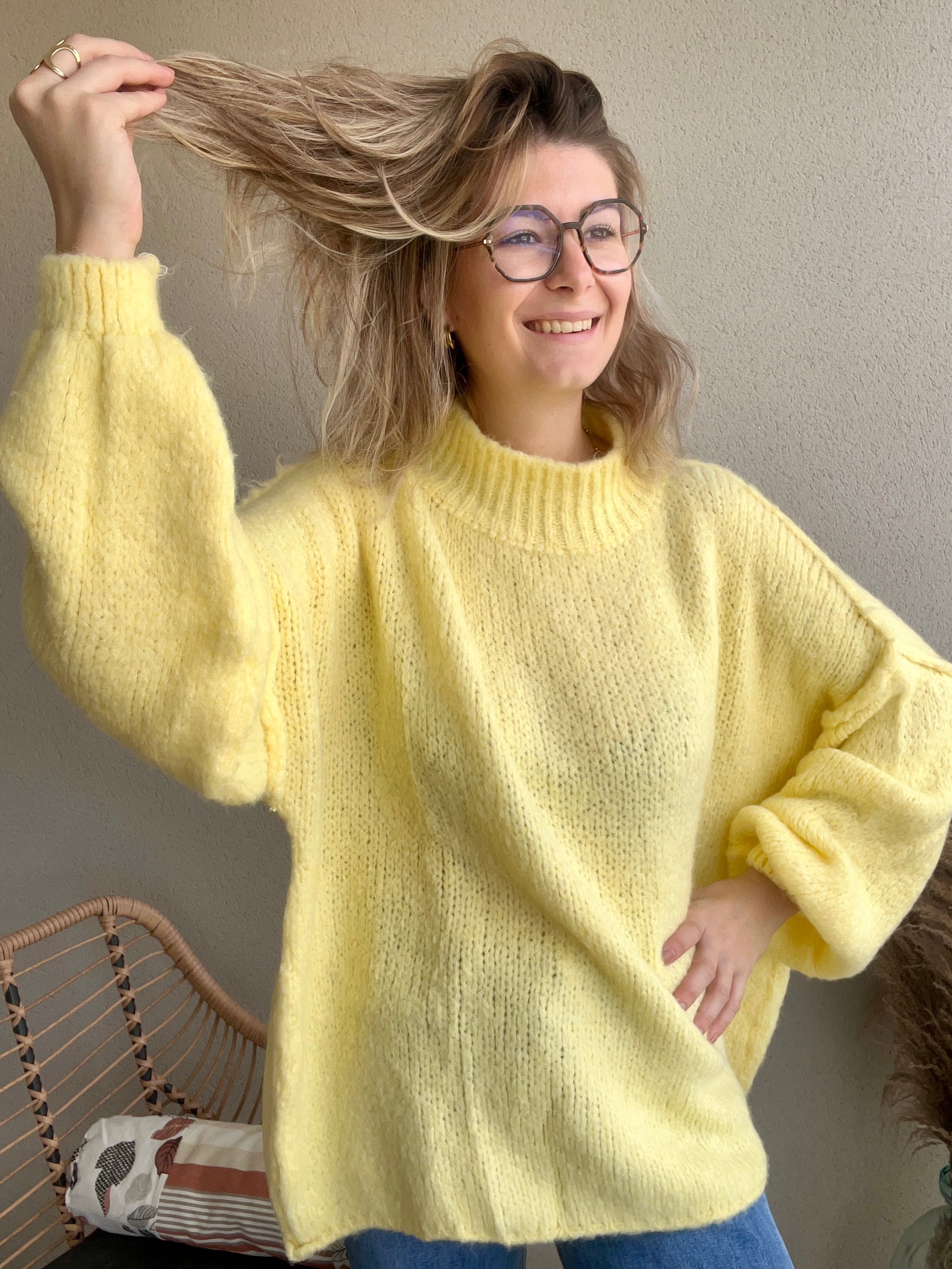 Pull en maille de couleur jaune pour femme, taille unique du 34 42