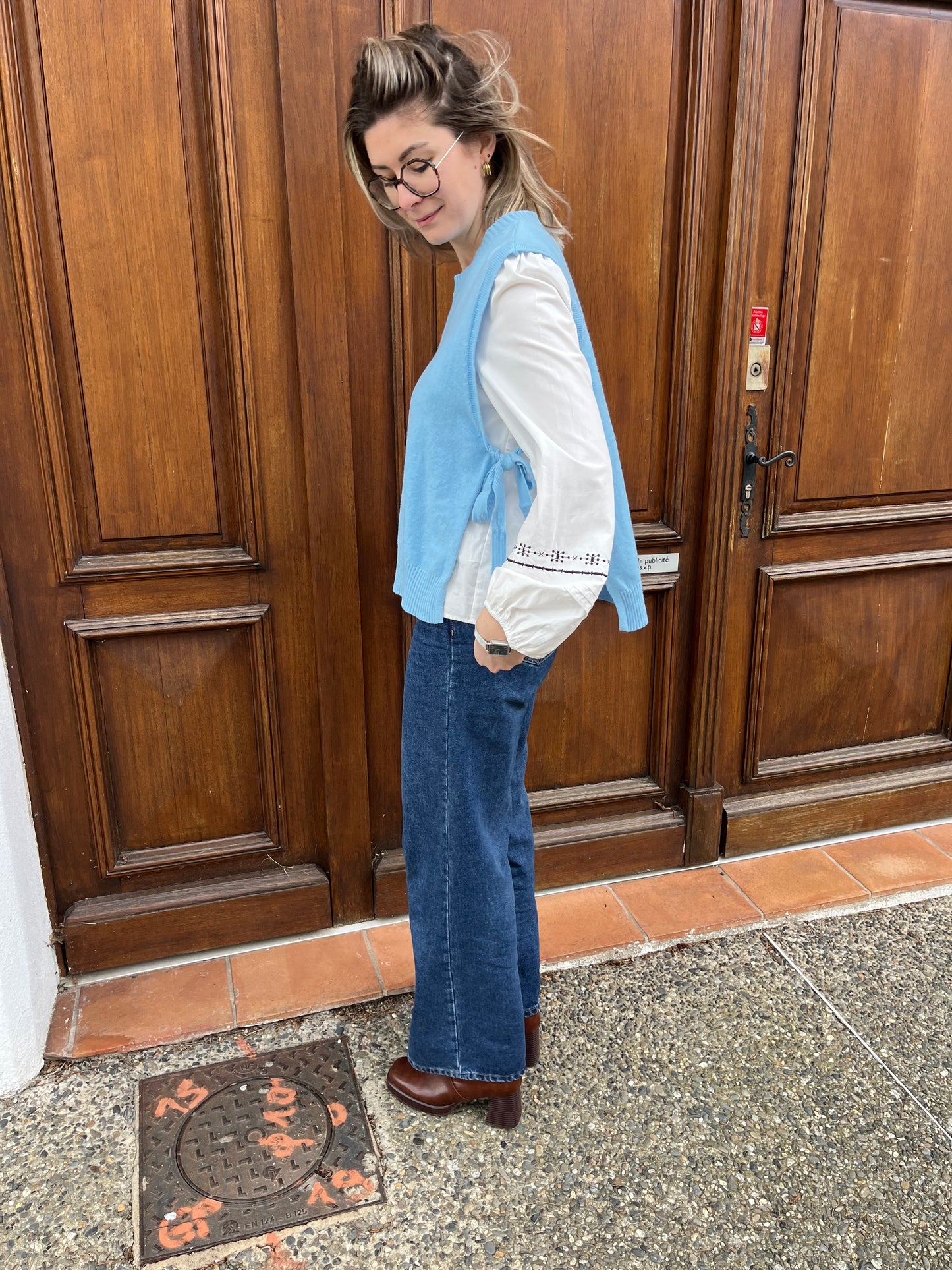 Pull sans manches très doux nœuds à nouer sur le côté peut se porter seul ou sur une chemise pour femmes adolescente