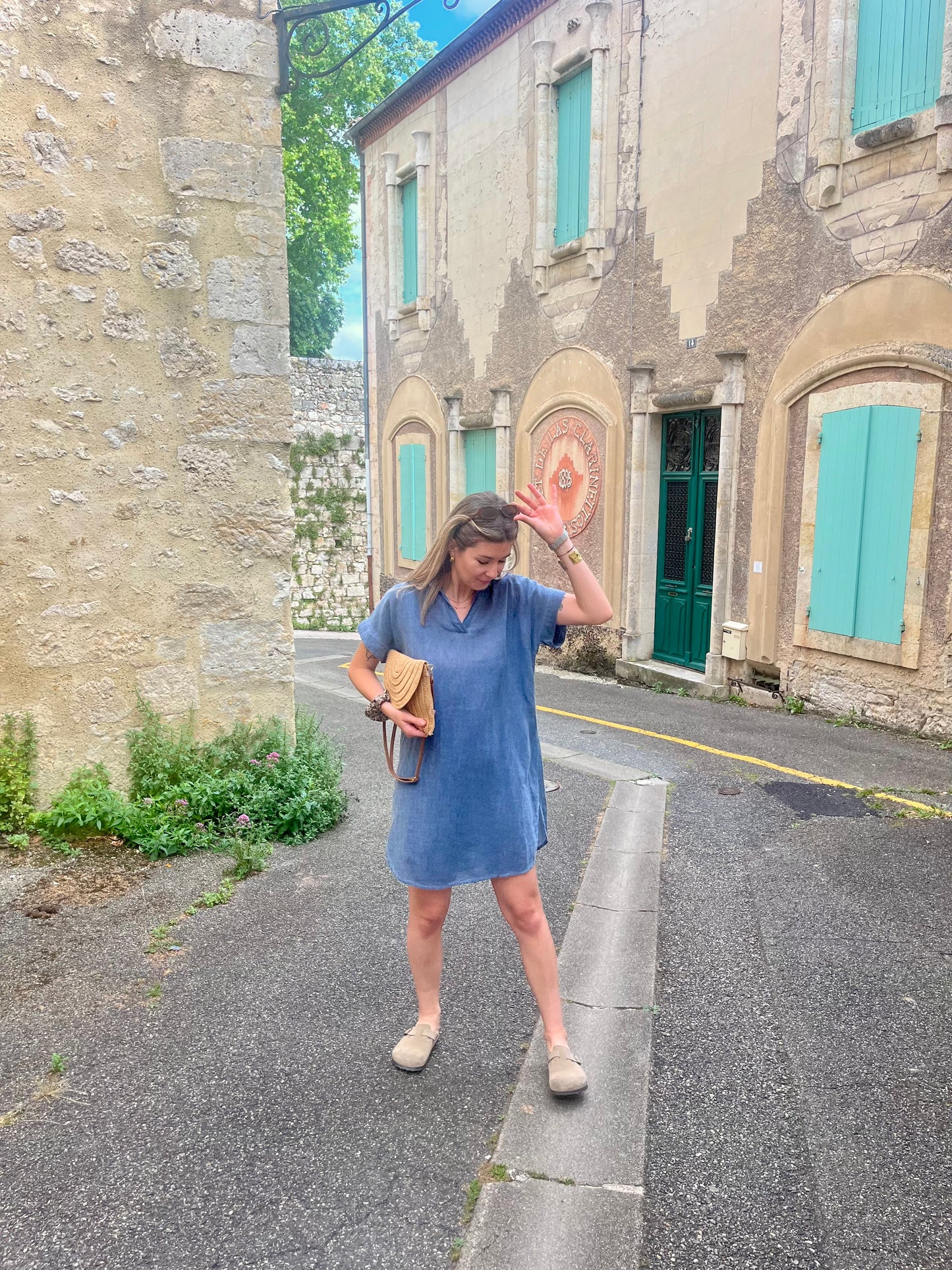 robe pour femme en coton de couleur bleu col V fluide non près du corps 