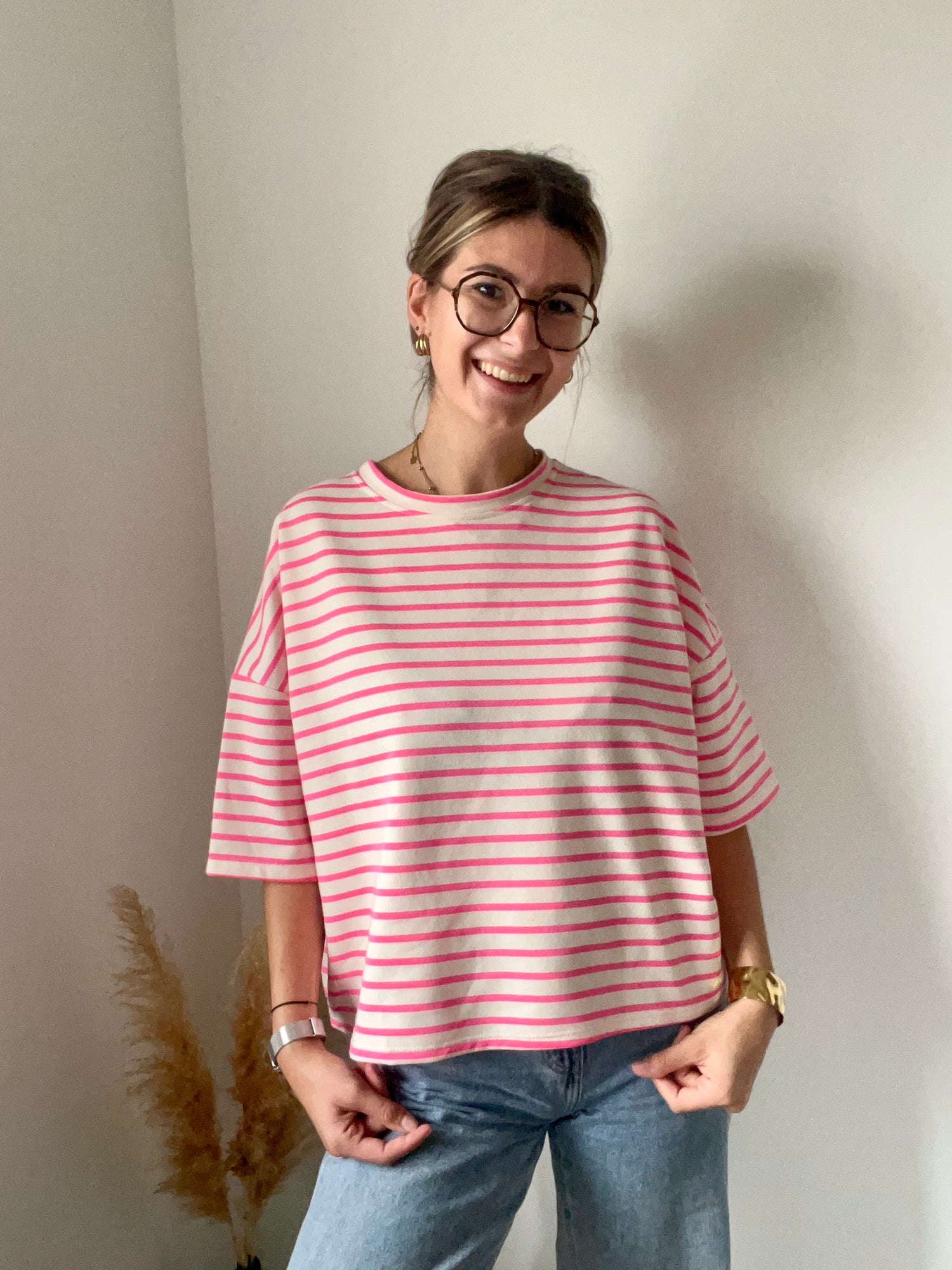 T-shirt manches courtes, femme, rayé blanc et rose en taille unique