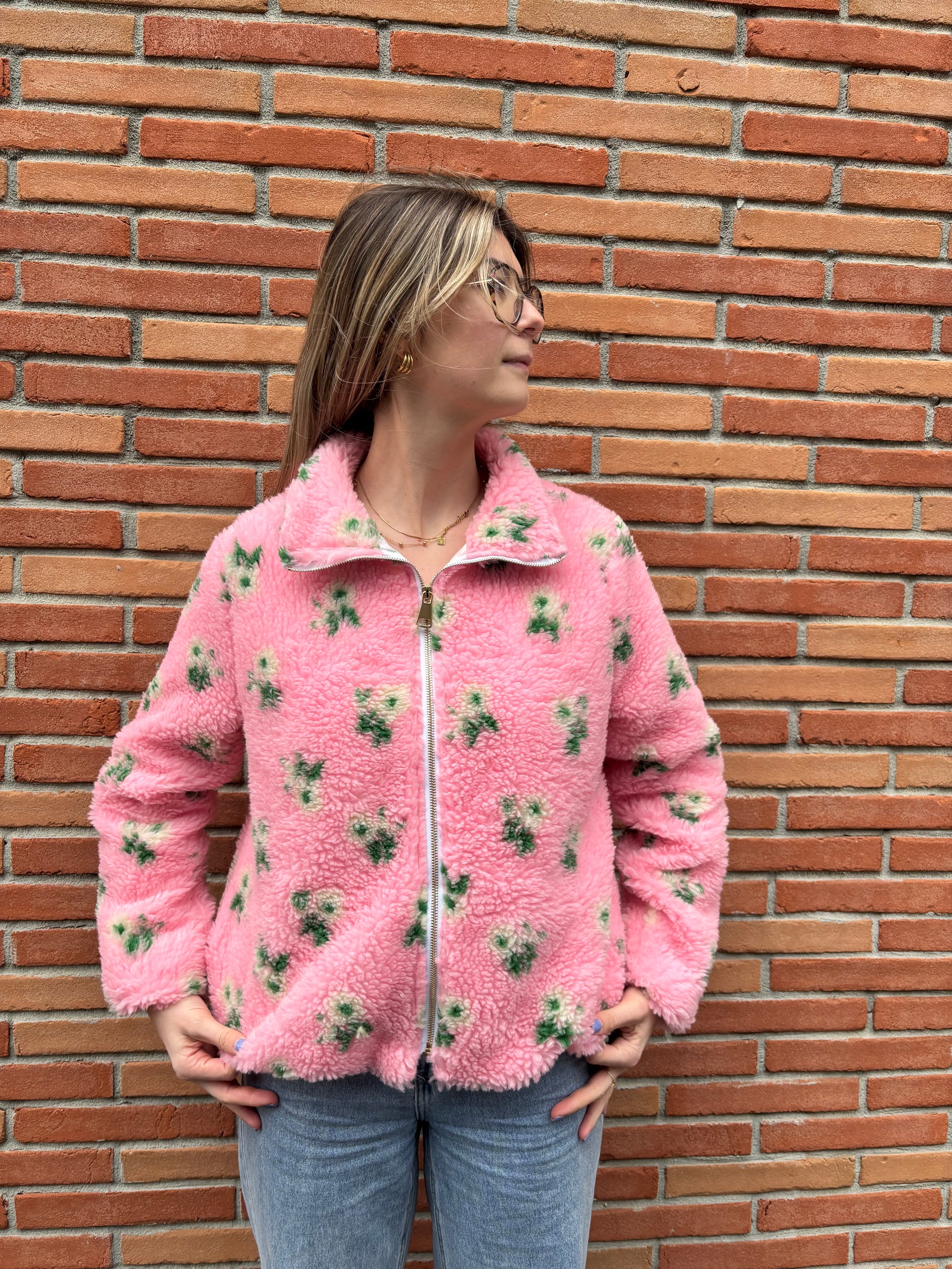 Polaire femme rose imprimé fleurs, veste chaude et stylée pour toutes saisons