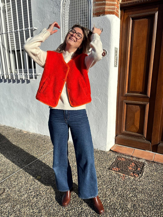 Veste sans manches moumoute De couleur orange fluo très tendance pour femmes