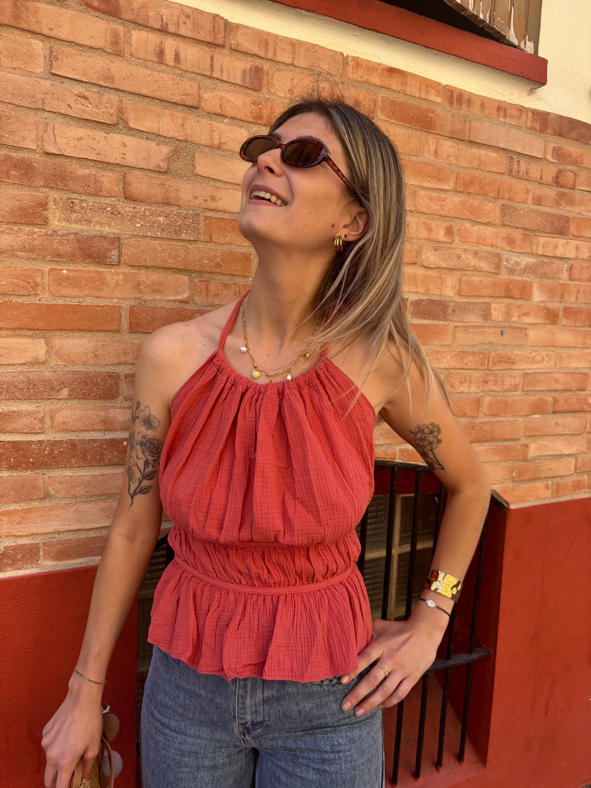debardeur femme de couleur terracotta pour femme en gaze de coton