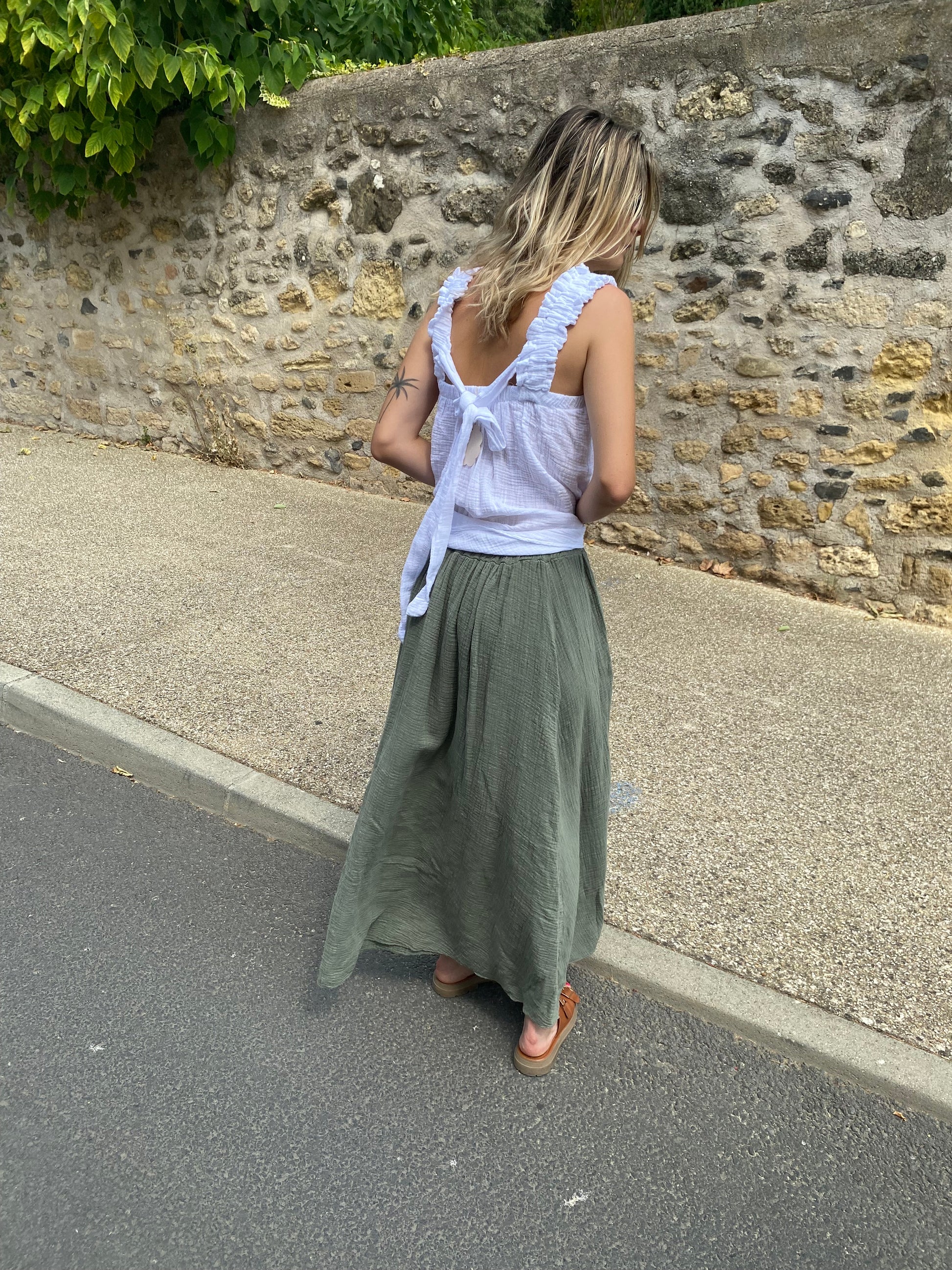 jupe longue kaki pour femme en gaze de coton
