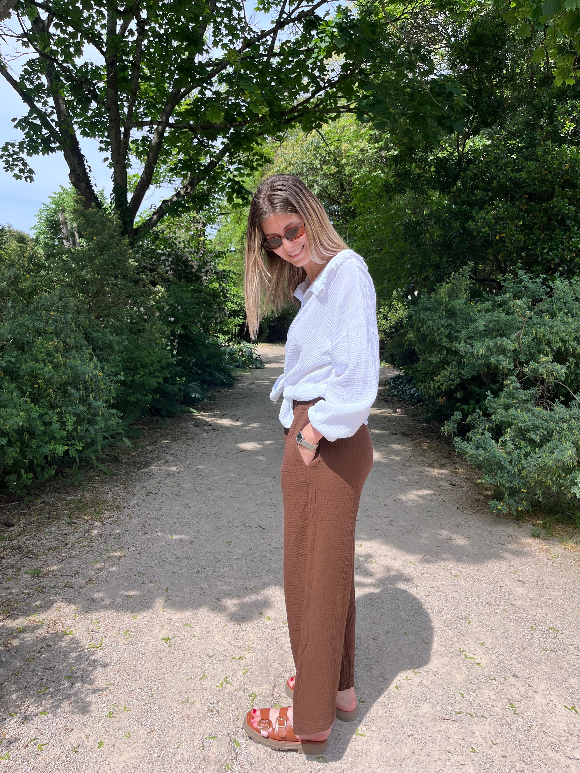 Pantalon pour femme en gaze de coton taille élastique hyper tendance 