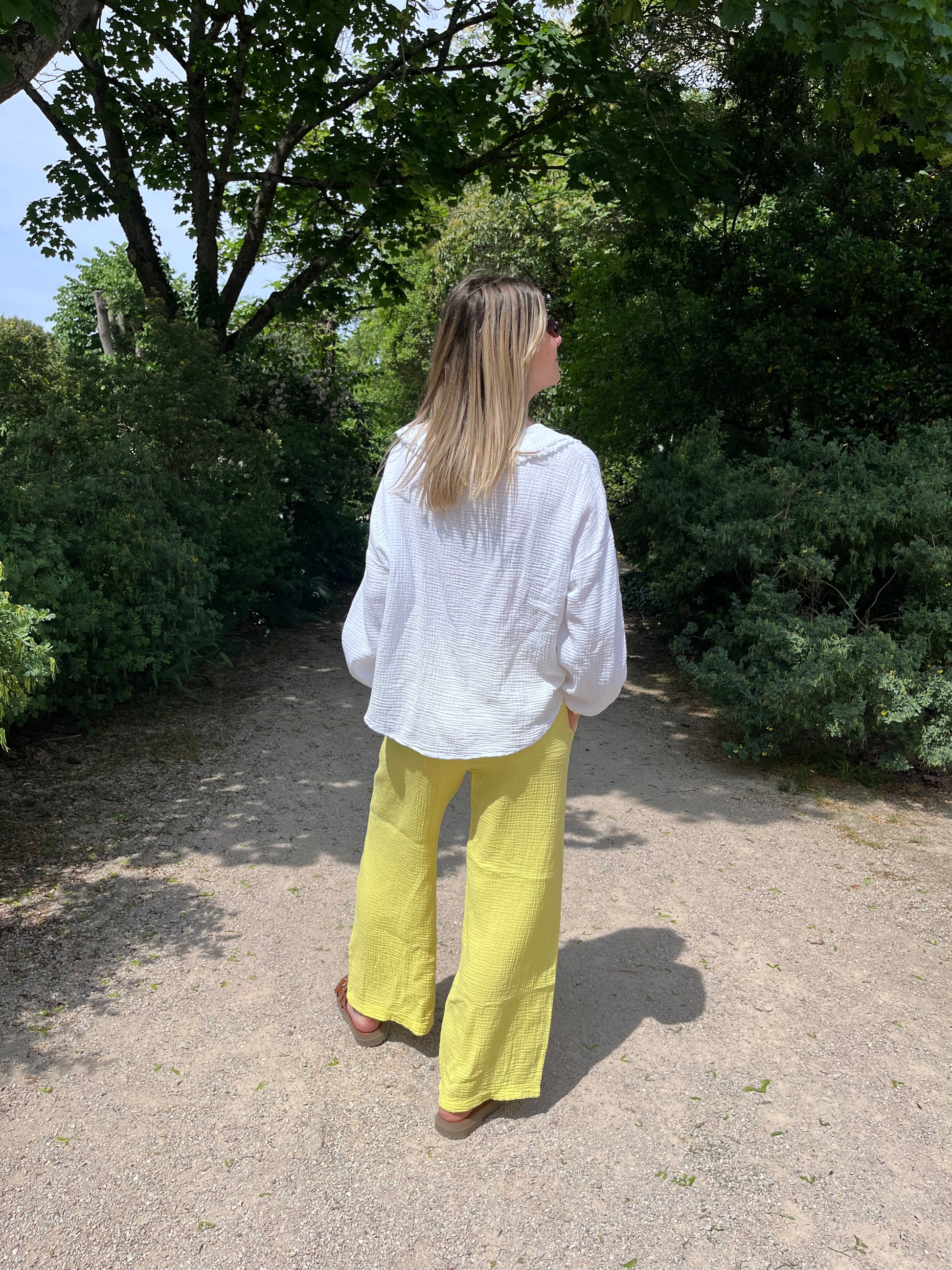 Pantalon pour femme de couleur jaune taille unique taille élastique tendance 