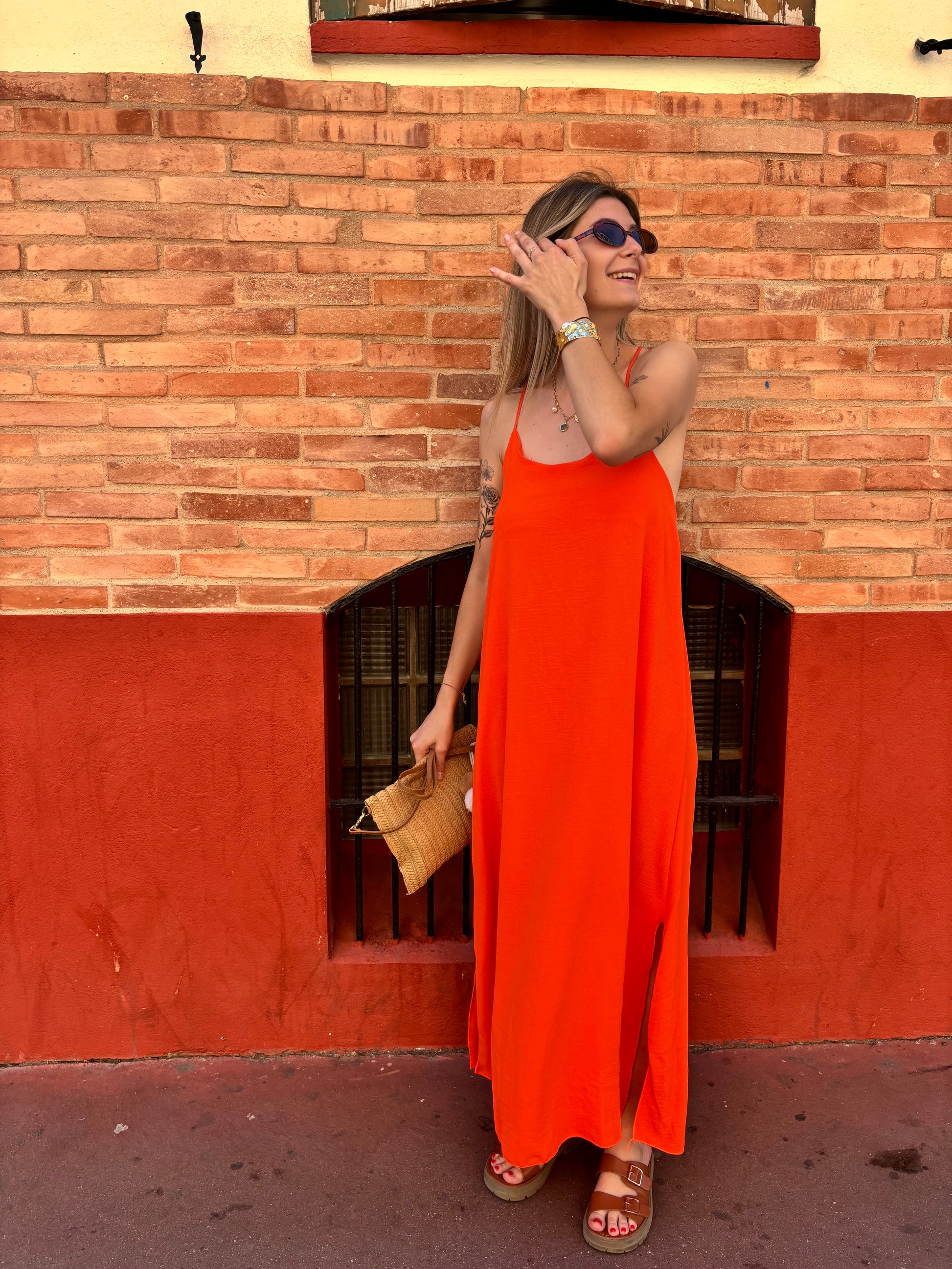 robe longue orange taille unique en polyster avec col rond