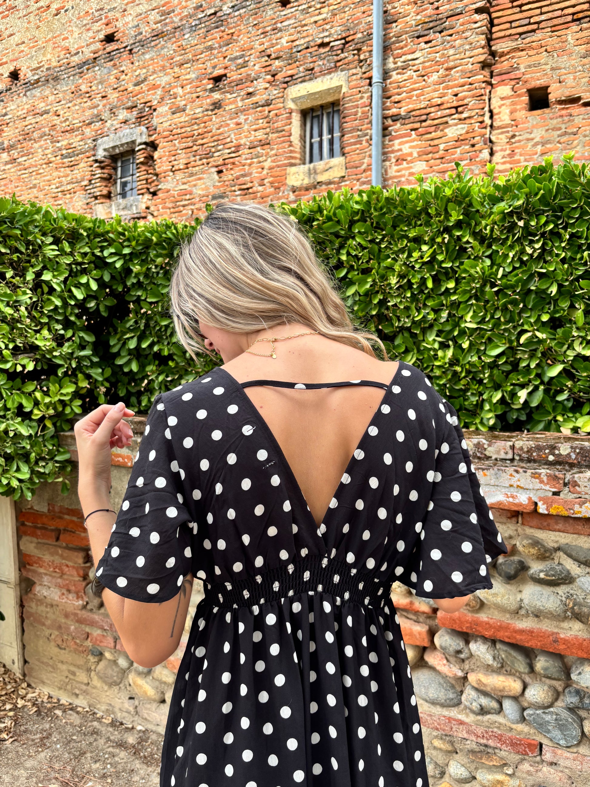 robe longue a pois pour femme avec manches volants + elastique a la taille