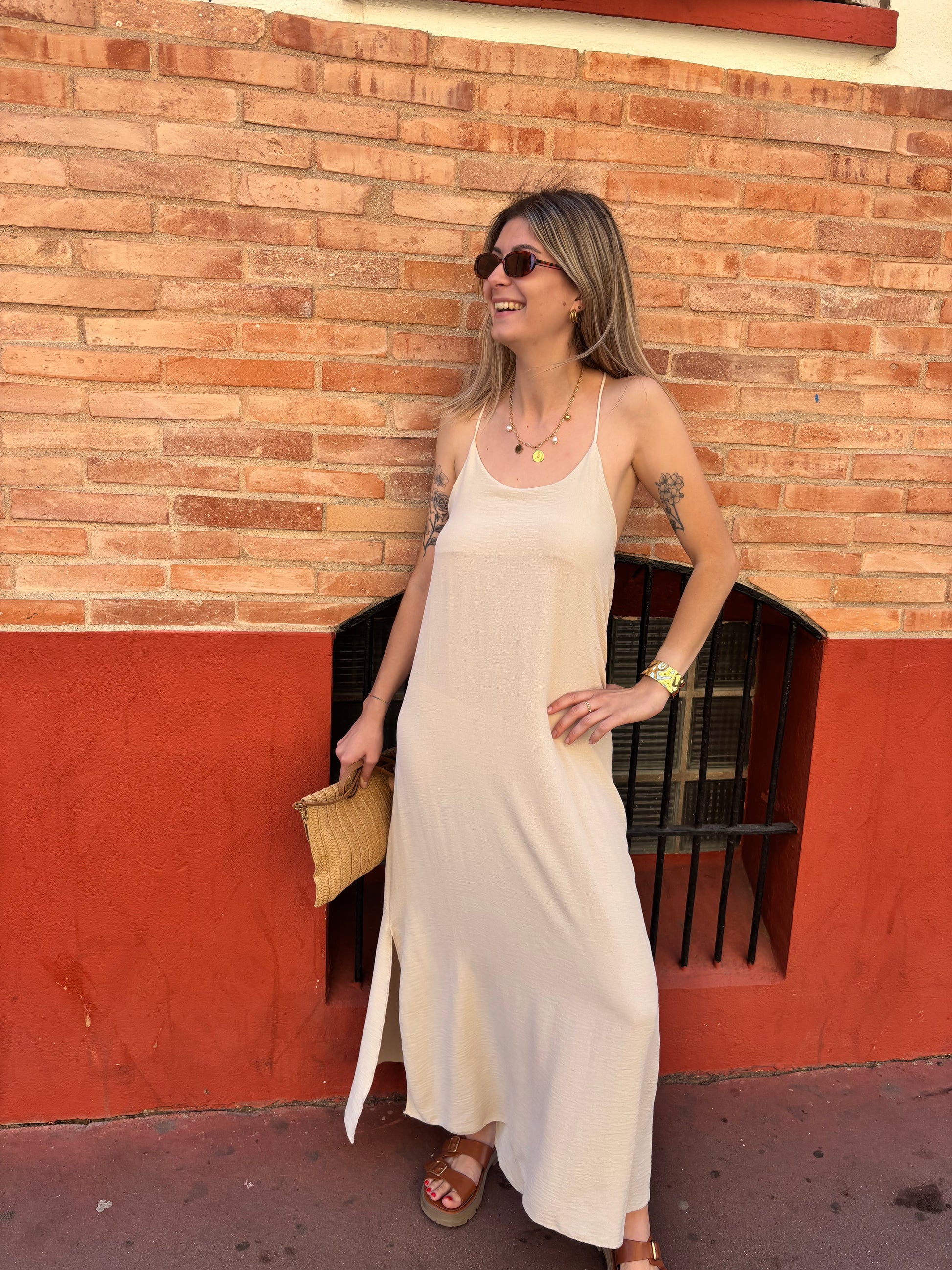 robe longue beige femme a fines bretelles