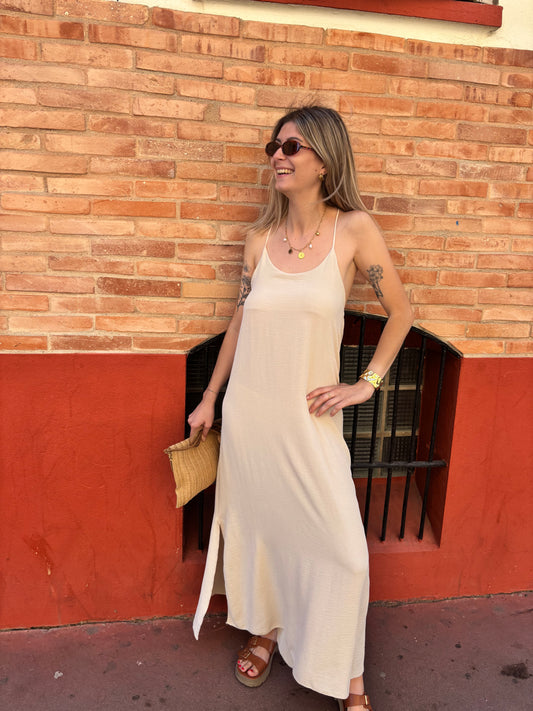 robe longue beige femme a fines bretelles