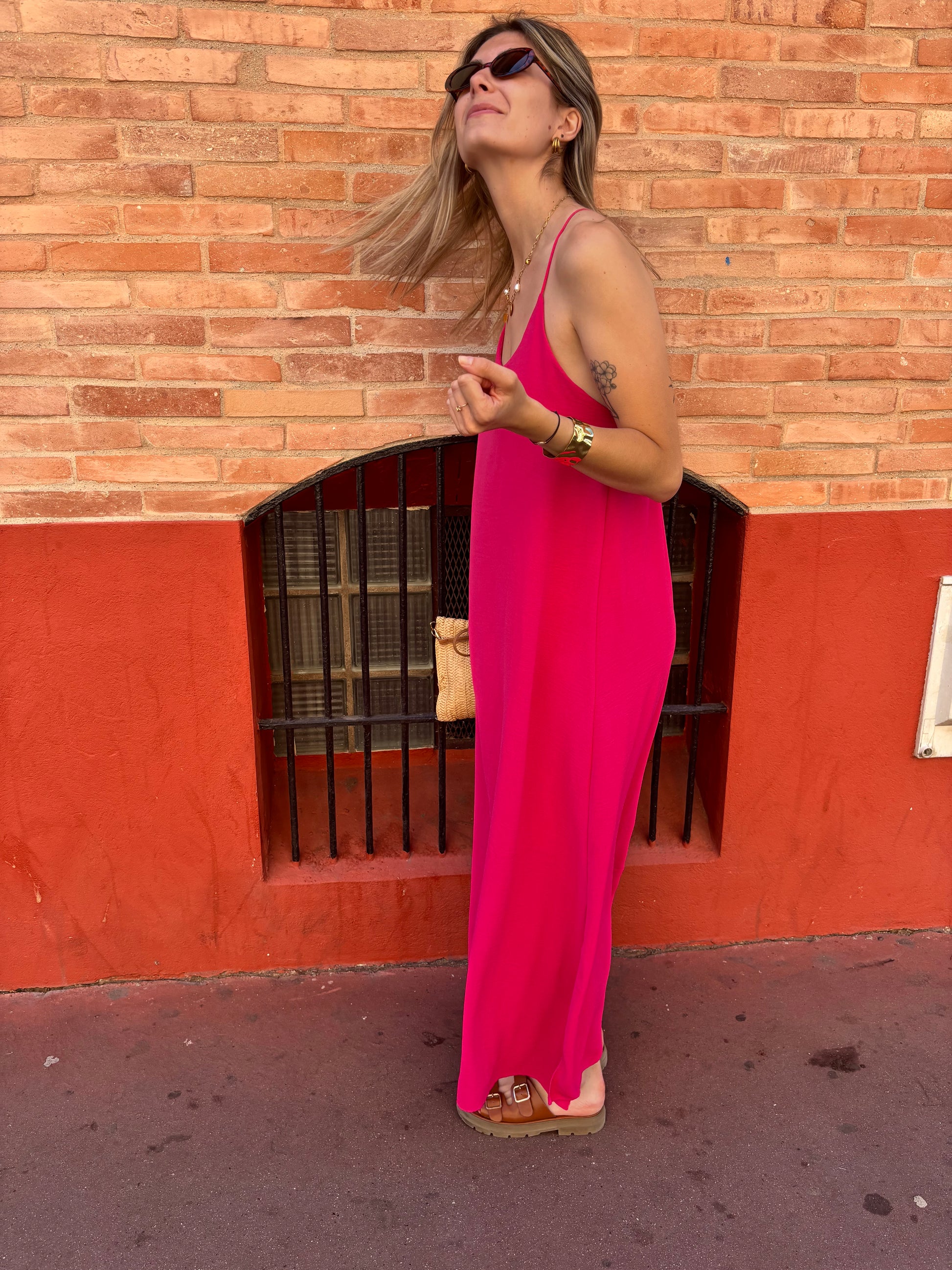 robe longue femme fushia fente sur le coté ab fines bretelles