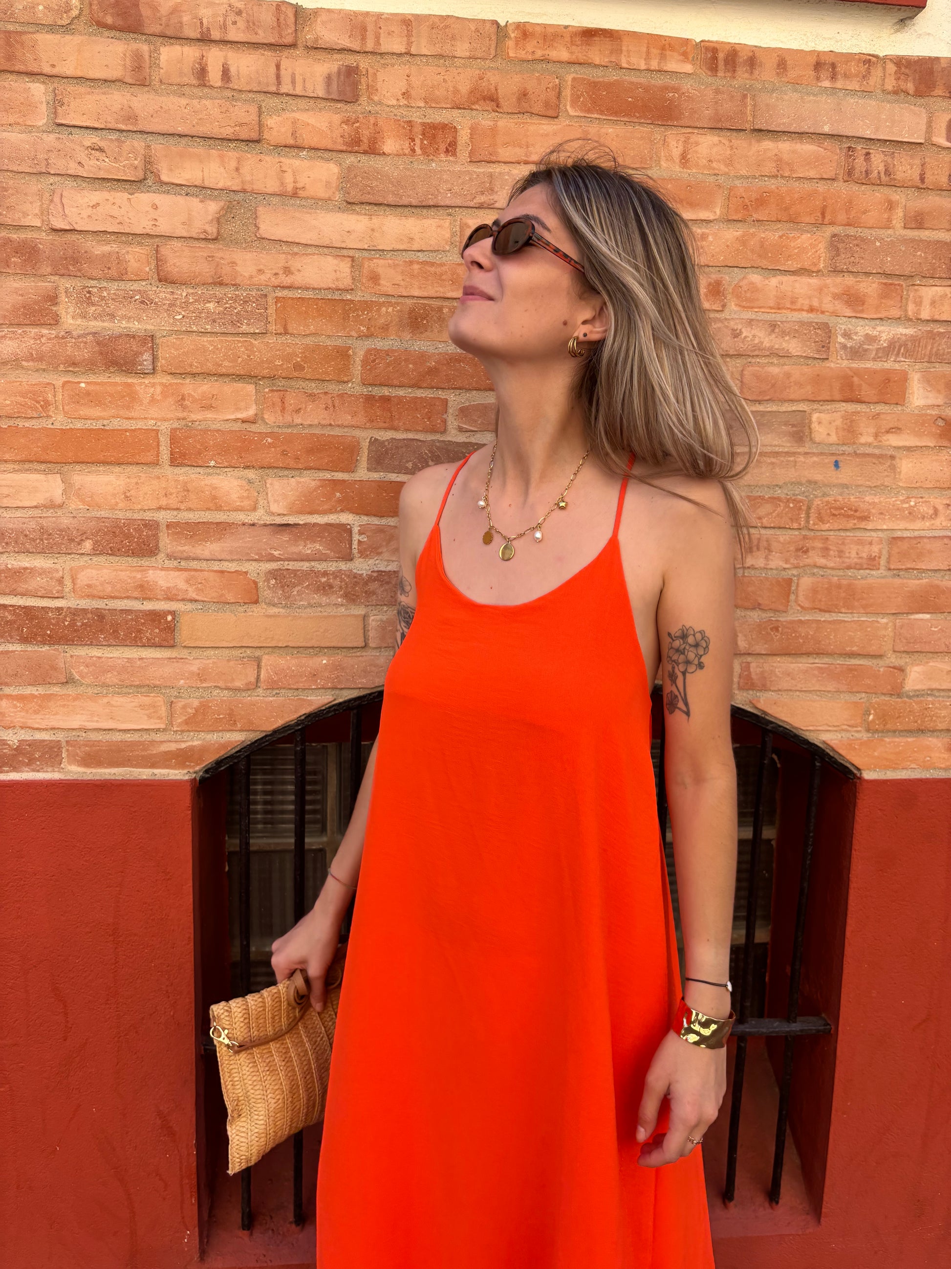 robe longue femme orange a fines bretelles