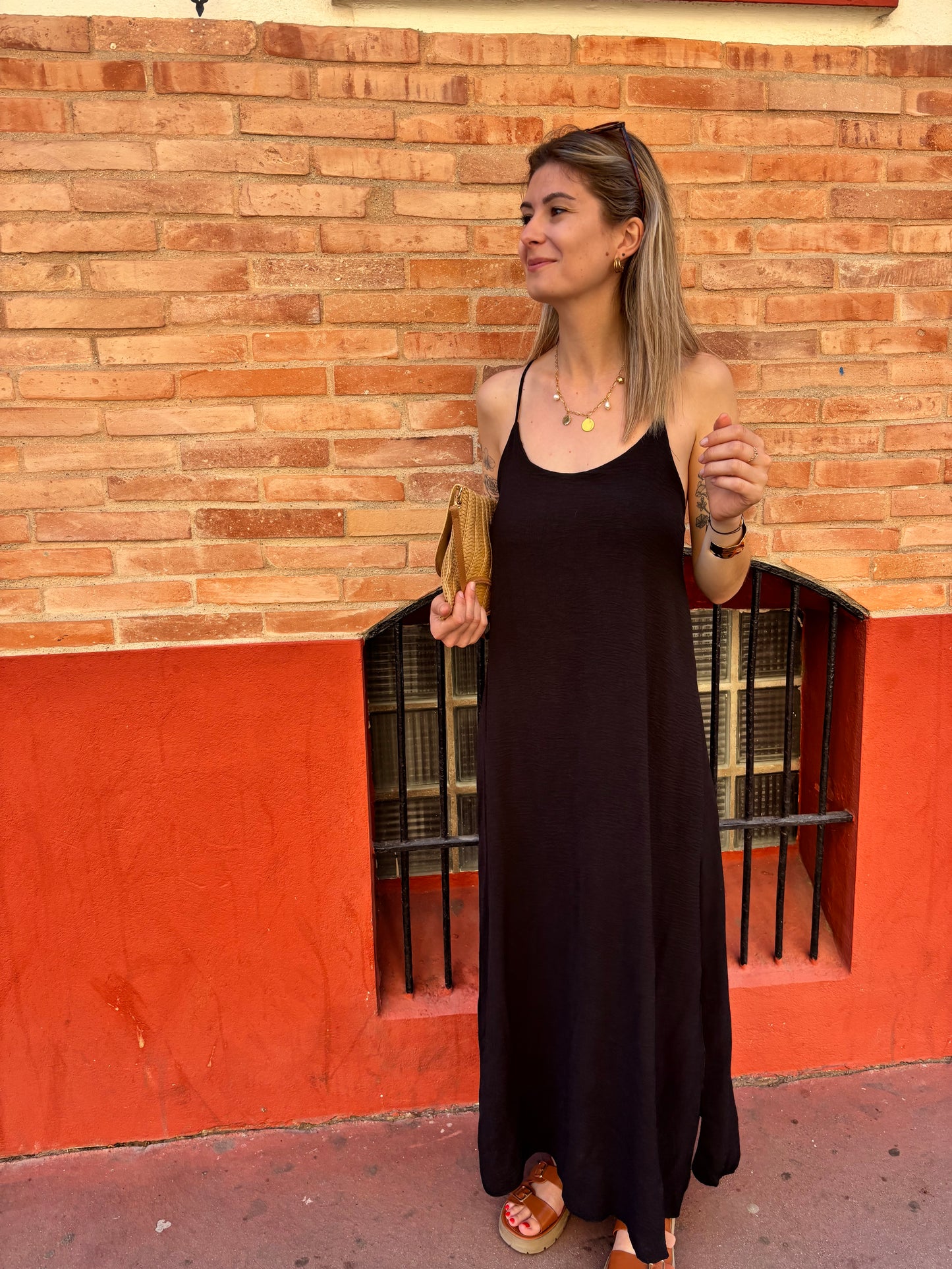 robe longue noir femme a fines bretelles